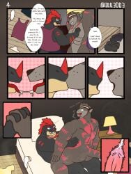 3:4 absurd_res accessory anal anal_sex anthro bottomwear brown_body brown_fur clothing dragon emmanuelin_(emmanuelin13) english_text fur hair hand_holding headband hi_res kiss_on_lips kissing luey_(emmanuelin13) male male/male mammal multicolored_body mustelid mythological_creature mythological_scalie mythology otter overweight overweight_anthro overweight_male penetration possession red_hair red_spikes red_tattoo scalie shirt shorts tank_top tattoo text topwear