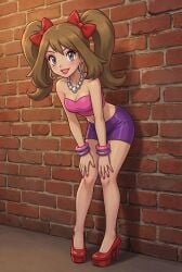 1girls 2d ai_generated blue_eyes blush bracelet bracelets brown_hair brunette_hair earrings female female_focus female_only hands_on_knees high_heels leaning_on_wall light_skin lipstick looking_at_viewer may_(pokemon) necklace pearl_necklace pokemon prostitution ribbon ribbons seductive_pose shorts tight_clothing tubetop twintails wall