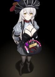 absurdres anal_beads anal_plug arms_behind_back ball_gag bangs belt black_belt black_dress black_footwear blush bondage boots bow bra breasts brown_hair buttplug collar commission dildo dildo_on_tray dress egg_vibrator eyebrows_visible_through_hair female frills gag gagged gold_eyes golden_eyes hair_ornament hairbow hairclip hat heart-shaped_lock heart_collar high_heels highres indoors large_breasts lock long_hair looking_at_viewer lub mole mole_under_eye pantyhose parted_bangs pov pov_hands puffy_sleeves sex_toy simple_background solo_focus standing tray vibrator white_hair