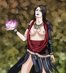 areolae bare_legs black_hair blue_lips breasts cosplay dragon_age dragon_age_origins lipstick magic morrigan_(dragon_age) nipples pubic_hair santatory sassafras thighs witch yellow_eyes