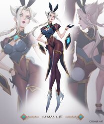 back_view blue_eyes bunny_ears bunny_tail bunnysuit camille_ferros citemer female front_view league_of_legends white_hair