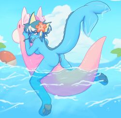 2025 accessory anthro anus big_tail blep blue_body blue_sky blue_tail bodily_fluids bracelet bracelet_only breast_squish breasts cloud colored digital_drawing_(artwork) digital_media_(artwork) dratini eeveelution female fin fish_tail flower flower_in_hair generation_1_pokemon genital_fluids genitals hair hair_accessory head_fin hi_res jewelry leaf liquid looking_at_viewer looking_back nintendo nude nude_anthro nude_female outdoor_background outdoor_nudity outside palm_tree partially_submerged pawpads paws peachyskitty pink_eyes plant pokeball pokemon pokemon_(species) pool_float shiny_pokemon sky snout solo squish tail tongue tongue_out tree vaginal_fluids vaporeon vulva water wet_tail