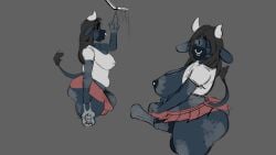 animal_genitalia animal_penis anthro barbell_piercing barely_contained barely_contained_penis belly blue_nipples bottomwear bovid bovine breasts brown_hair cattle cleavage cleavage_cutout cleavage_overflow clothed clothing clothing_lift codans cutout dolphin_shorts equine_genitalia equine_penis erection facial_piercing genitals gynomorph hair half-erect hi_res holding_bag intersex looking_at_viewer mammal medial_ring miniskirt mottled mottled_genitalia mottled_penis mtg_crossgender mti_crossgender nipple_barbell nipple_outline nipple_piercing nipples no_bra no_underwear nose_piercing nose_ring odis_(codans) penis penis_base piercing raised_tail ring_piercing rule_63 shirt shirt_lift skirt solo tail tongue tongue_out topwear white_clothing white_shirt white_topwear