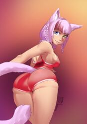 ass bent_over bikupan breasts cleavage female female_only final_fantasy final_fantasy_xiv furry looking_at_viewer looking_back miqo'te purple_hair solo tayelle_ebonclaw thick_thighs