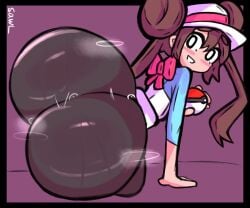 1girls ass ass_body ass_focus black_border black_legwear blush bottom_heavy brown_hair bubble_butt double_bun holding_poke_ball huge_ass legwear_under_shorts looking_back nintendo notsawl pantyhose poke_ball pokeball pokemon pokemon_bw2 raglan_sleeves rosa_(pokemon) small_breasts smile solo sweat sweaty sweaty_ass sweaty_butt tights twintails visor_cap