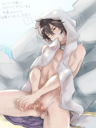 1boy @@@ ayer ayer_(granblue_fantasy) black_hair cum ejaculation goggles goggles_around_neck granblue_fantasy male male_masturbation male_only masturbation mouth_hold nude one_eye_closed rock short_hair sitting solo towel towel_on_head