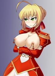 areolae breasts fate/extra fate/grand_order fate_(series) female female_only large_breasts nero_claudius_(fate) nipple_chain nipple_piercing nipples piercing santystuff solo