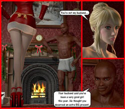 3d blonde blonde_hair blue_eyes bulge catherine_beauchamp christmas dark-skinned_male dark_skin darklord earring english_text female hairbun high_heels interracial john_persons male red_high_heels text