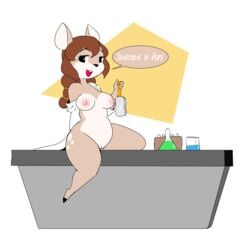 2017 absurd_res anthro beaker bedroom_eyes beige_pussy biped black_eyes black_nose braided_hair breasts brown_hair cervine clothing deer dialogue digitigrade doe_(alfa995) english_text erect_nipples eyelashes eyewear female full-length_portrait goggles hair half-closed_eyes hand_behind_back hi_res holding_eyewear hooves humanoid_hands inside kneeling long_hair looking_at_viewer mammal nipples nude on_table open_mouth open_smile pink_nipples pinup portrait pose pussy red_tongue science scribs03 seductive side_view simple_background single_braid small_waist smile solo speech_bubble spots spotted_body table talking_to_viewer tan_body tan_spots text thick_thighs two_tone_body undressing unprofessional_behavior voluptuous white_background yellow_background