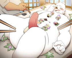 anthro balls bear blush food food_play looking_at_viewer lying male male_only mammal nantaimori nude on_back on_table one_eye_closed pang4746_(artist) penis polar_bear sushi table