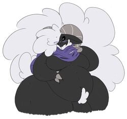 2017 3_fingers anthro belly big_belly black_sclera blush caprine chest_tuft clothing digital_media_(artwork) fluffy fur hand_on_stomach horizontal_pupils horn looking_at_viewer male male_only mammal mostly_nude navel overweight penis piercing pubes rakashama sheep solo sweat thick_thighs torn_clothing tuft white_fur wide_hips