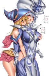 2girls 60lyra bare_shoulders blonde_hair blue_eyes blush breast_grab breasts dark_magician_girl erect_nipples green_eyes large_breasts long_hair multiple_girls open_mouth silent_magician simple_background standing transparent_background yu-gi-oh! yuri