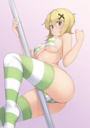 akatsuki_kirika alfort_(may0508) blonde_hair bra female green_eyes looking_at_viewer panties pole_dancing senki_zesshou_symphogear thighhighs