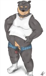 anthro balls bear beard big_balls big_penis boxers_(clothing) clothed clothing cosmic51moon cum cum_on_balls cum_on_penis erection facial_hair flaccid fur humanoid humanoid_penis male male_only mammal musclegut muscular old penis penis_through_fly poking_out precum smile solo standing thick_penis underwear