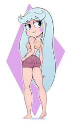 1girls aged_down back_view blue_eyes blue_hair clothed clothes clothing disney erect_nipples female female_only from_behind half-closed_eyes long_hair looking_back moon_butterfly ohiekhe short_shorts shorts simple_background smile solo star_vs_the_forces_of_evil tank_top young