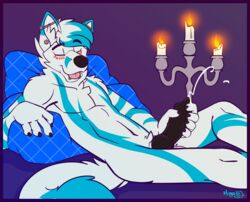 anthro bed blush burning_candles candles canine closed_eyes cum ear_piercing erection fox fur hair higsby male male_only mammal masturbation orgasm penis piercing solo tongue white_candles