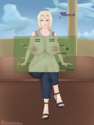 1girls big_breasts blonde_hair boruto:_naruto_next_generations crossed_legs dialogue female female_only naruto naruto_(series) naruto_shippuden nipples pink_nipples queentsunade sitting solo statistics text thighs tsunade x-ray x-ray_vision