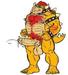 1boy anthro balls bowser cum dragon erection full_body hairy male male_only mario_(series) nintendo nude penis simple_background snoopjay2 solo standing testicles video_games white_background