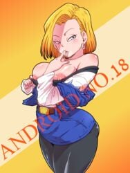 1girls android_18 areola areolae big_areola big_breasts blonde_hair blue_eyes blush breasts busty cleavage curvy dragon_ball dragon_ball_super dragon_ball_z erect_nipples eyelashes female hoop_earrings licking milf mother nails nipples partially_nude puffy_nipples rickert_kai saliva short_hair smile solo tights tongue_out voluptuous wide_hips