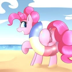 2017 anus beach blue_eyes cloud cutie_mark dock earth_pony equine female feral friendship_is_magic grin hair hi_res horse mammal my_little_pony neighday outside pink_hair pinkie_pie_(mlp) pony presenting pussy seaside sky smile solo