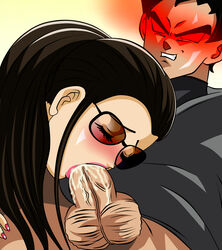 big_penis black_eyes black_hair blush bottomless character_request close-up cum cum_in_mouth cum_inside dicasty dragon_ball dragon_ball_super duo eyelashes eyewear fellatio female glowing_eyes goku_black highres human lipstick long_hair male oral penis pink_lipstick ponytail smile straight sunglasses veiny_penis