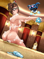 artist_name ass bath black-framed_glasses breasts brown_eyes brown_hair censored dead_phoenix eyewear female from_behind glasses hair_bun hair_ornament hairpin looking_at_viewer looking_back mei_(overwatch) nipples nude overwatch pubic_hair pussy sideboob snowball_(overwatch) soap