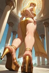 ai_generated ass ass_focus bare_legs bikini bikini_top blonde_female blonde_hair blue_eyes dominatrix goddess golden_dress golden_shoes heels high_heels legs_up loincloth low-angle_view open_shoes partially_clothed pelvic_curtain pov queen queen_miko revealing_clothes revealing_outfit shoes steam steamy steamy_feet sweaty sweaty_feet temple thick_ass thick_thighs thighs