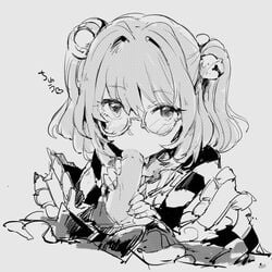 1boy bell blush checkered checkered_kimono fellatio female glasses grey_background greyscale hair_bell hair_ornament japanese_clothes jingle_bell kimono kosuzu_motoori looking_at_viewer monochrome oral simple_background solo_focus straight touhou two_side_up wataichi_meko