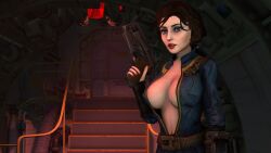 10mm_pistol 3d big_breasts bioshock bioshock_infinite blue_eyes bodysuit breasts busty cleavage clothing crossover elizabeth_comstock erect_nipples fallout female female_focus female_only firearm handgun hourglass_figure human jumpsuit nipple_bulge pale-skinned_female pale_skin pinup pinup_pose pistol pose posing sceptersfm standing tagme vault_girl vault_suit weapon