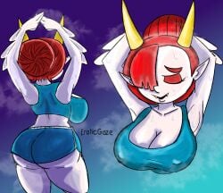 1girls big_ass big_breasts big_butt disney eroticgaze female_focus gym gym_clothes hekapoo horns red_hair simple_background solo_female star_vs_the_forces_of_evil sweat