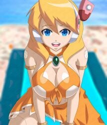 1girls alia beach beach_background big_breasts blonde_hair blue_eyes hands_down mega_man mega_man_x orange_swimsuit robot_girl rockmangrave swimsuit