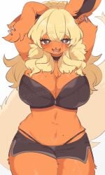 anthro anthrofied areola belly big_breasts black_eyes blonde_hair blush bodily_fluids breasts creatures_(company) eeveelution female flareon fur furry game_freak generation_1_pokemon huge_breasts looking_at_viewer mammal nintendo nipples orange_body orange_fur panties pokemon pokemon_(species) pokemon_rgby pokemorph shiki_2p solo sweat thick_thighs yellow_body yellow_fur