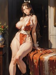 1girls ai_generated big_breasts breasts brown_eyes brown_hair busty cleavage curvaceous curvy curvy_body curvy_female curvy_figure enjidifussion female hair_ornament huge_breasts indoor indoors japanese japanese_clothes king_of_fighters light-skinned_female light_skin long_hair mai_shiranui sitting skirt table thick thick_legs thick_thighs thighs tied_hair underboob voluptuous voluptuous_female wide_hips