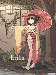 bandages black_hair bra brown_eyes bush creatures_(company) erika_(pokemon) feet game_freak headband japanese_clothes keetydraws kimono lantern midriff nintendo panties parasol plant pokemon pokemon_frlg pokemon_hgss pond short_hair tree umbrella underwear vines