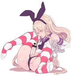 1boy arms_behind_back autofacial bare_shoulders blonde_hair blue_sailor_collar bow censored cum cum_on_body cum_on_self drooling elbow_gloves erection facial genderswap_(ftm) gloves hairbow highres horizontal-striped_thighhighs kantai_collection long_hair male_focus mogg no_shoes otoko_no_ko penis pointless_censoring rule_63 sailor_collar shimakaze-kun shimakaze_(azur_lane) shimakaze_(kancolle) testicles