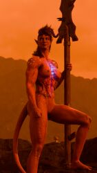 3d akidia baldur's_gate baldur's_gate_3 blender blender_cycles blue_eyes dungeons_and_dragons karlach looking_at_viewer looking_down_at_viewer muscular_female naked red_skin solo spear tagme tiefling