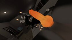 3d 3d_animation 3d_background black_fur black_hair body_markings carpet clawed_fingers couch fur furry furry_male furry_only glowing_eyes grey_balls grey_fur grey_furniture knotted_penis looking_at_viewer male_only nsfw orange orange_penis picture solo_male tease vrchat vrchat_avatar vrchat_model