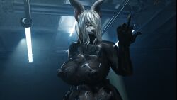 16:9 3d_(artwork) anthro big_breasts breasts clothing digital_media_(artwork) female gesture hair hand_gesture hi_res huge_breasts looking_at_viewer middle_finger moonlight3 nipples solo wet wet_clothing widescreen