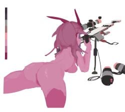 ass ass_focus fazya horns monster_girl naked no_penetration no_penis purple_eyes purple_hair purple_skin pussy scope shooting short_hair sniper sniper_rifle weapon zvap