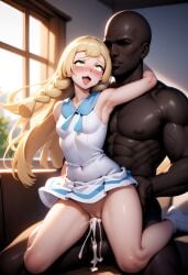 ahe_gao ai_generated blonde_female blonde_hair clothed_female_nude_male clothed_sex cum_drip cum_in_pussy dark-skinned_male green_eyes interracial interracial_sex light-skinned_female lillie_(pokemon) muscular_male pleasure_face pokemon_sm sex_from_behind upskirt upskirt_sex