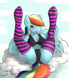 2014 absurd_res anthro anthrofied blue_feathers blush bra cameltoe clothing cloud equine feathered_wings feathers female friendship_is_magic hair hi_res legs_up legwear looking_at_viewer mammal multicolored_hair my_little_pony one_eye_closed outdoors panties pegasus presenting rainbow_dash_(mlp) rainbow_hair sky solo straight_hair striped_legwear stripes tongue tongue_out underwear venauva wings