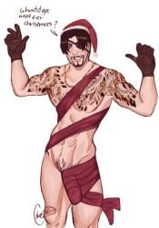 1boy 2024 2d 2d_(artwork) abs arm_tattoo arms_up artist_signature bare_arms bare_legs bare_shoulders belly big_penis bluesky brown_eyes chest_tattoo christmas christmas_outfit digital_drawing_(artwork) digital_media_(artwork) english_dialogue english_text erection eyepatch facial_hair gloves goatee grin hat hi_res holidays irezumi japanese_male like_a_dragon_(series) majima_goro male male_only meme meme_reference muscular muscular_arms muscular_legs muscular_male muscular_thighs nipples nude_guy_wrapped_in_ribbons_standing_(meme) partially_clothed pubic_hair red_ribbon rgg_studio ribbon ribboned_body ryuu_ga_gotoku santa_hat sega short_hair shoulder_tattoo signature simple_background solo solo_male talking_to_viewer tattoo tattoos text thick_penis video_games white_background wrapped wrapped_penis yakuza_(series)