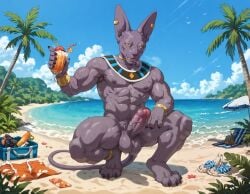 1boy 1male ai_generated animal_ears anthro balls bara beach beerus black_eyes black_nails booster_rex colored_skin daddy dark-skinned_male day dragon_ball dragon_ball_super drink egyptian_clothes erection feline furry furry_male gay holding_drink looking_at_viewer male male_focus male_only monster monster_boy muscular muscular_anthro muscular_male nipples nsfw nude nudity palm_tree pectorals penis purple_body purple_skin sand shiny shiny_skin smile smiling solo sweaty sweaty_body tail testicles thick_thighs thighs veiny_penis water yellow_sclera