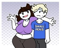 1boy accurate_art_style bangs black_pants blonde_hair blue_shirt blush bodily_fluids breasts brown_hair cleavage clothing colored_skin crop_top cropped_shirt english_language english_text female high_resolution humiliation jaiden jaiden_(jaiden_animations) jaiden_animations jaidenanimations large_breasts long_hair looking_at_another male midriff navel no_nose open_mouth pants print_shirt purple_shirt sexually_suggestive shirt short_sleeves small_penis_humiliation smile steca sweat text thelazyart thick thick_legs thick_thighs thighs waving white_skin youtube youtuber youtuber_girl youtubers