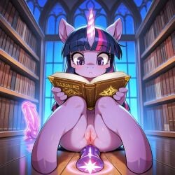 ai_generated book dildo_in_ass furry glowing_dildo glowing_horn hooves library magic_penis my_little_pony reading solo twilight_sparkle_(mlp)