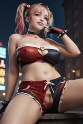 ai_generated bare_shoulders choker city_lights collarbone cosplay cosplay_harley_quinn dead_or_alive dead_or_alive_xtreme_venus_vacation eyeliner fingerless_gloves fingers_in_mouth harley_quinn harley_quinn_(cosplay) heart honoka_(doa) hourglass_figure huge_breasts light_smile multicolored_clothes multicolored_hair multicolored_shorts night nipples_visible_through_clothing outdoors pink_hair ponytail pussy_dripping pussy_lips rekcah_mhf rooftop seductive_pose showing_pussy side_ponytail spiked_bracelet spikes spread_legs stomach strapless suicide_squad torn_clothes tube_top two_tone_shorts wardrobe_malfunction wet_pussy