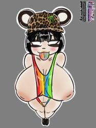 absurd_res alternative_fashion animal_humanoid anthro bear big_breasts breasts clothed clothing digital_media_(artwork) female fur genitals giant_panda gyaru hair hi_res humanoid j-fashion looking_at_viewer mammal multicolored_clothing multicolored_swimwear nipples nude praya_the_panda pussy rainbow_clothing rainbow_swimwear simple_background smile solo swimwear tongue urbanica