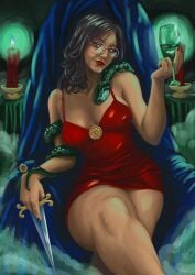 black_hair blue_fire brown_hair candles cleavage drawing glasses knife lilith looking_at_viewer obscure red_dress red_lipstick ritual snake solo solo_female tagme thick_thighs wine_glass