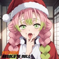 1girls absolute_null ai_generated christmas cunnilingus_gesture demon_slayer green_eyes kanroji_mitsuri long_hair santa_hat solo tongue_out two_tone_hair v_pose