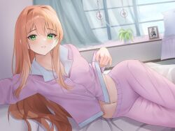 1girl 1girls 2024 anime_style aris4rt bare_belly belly_button brown_hair button_down_shirt buttons color doki_doki_literature_club easter_egg_(meta) female female_only green_eyes hair_down human human_only in_bed just_monika laying_on_bed lifting_shirt looking_at_viewer lying_on_bed monika_(doki_doki_literature_club) navel not_furry not_porn pajama_pants pajama_shirt pajamas panties picture_frame pink_clothing pink_pajamas pov sfw showing_belly showing_panties solo solo_female thick_thighs wide_hips